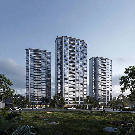 Photograph of three modern, glass-fronted skyscrapers under a blue sky, lined with trees and cars on a street below.