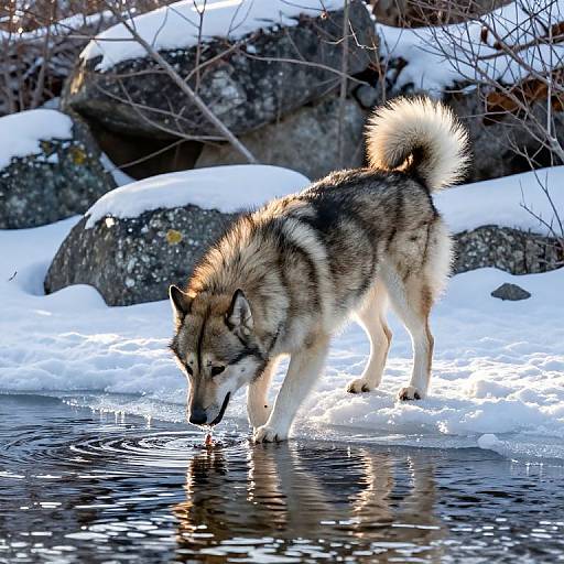 Photograph of a husky with a fluffy, brown-and-white coat, drinking from a snow-covered, icy stream, with rocks and bare branches in