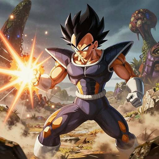 Digital art of Super Saiyan Son Goku firing a powerful energy blast in a rocky, alien landscape with glowing, tentacled creatures.