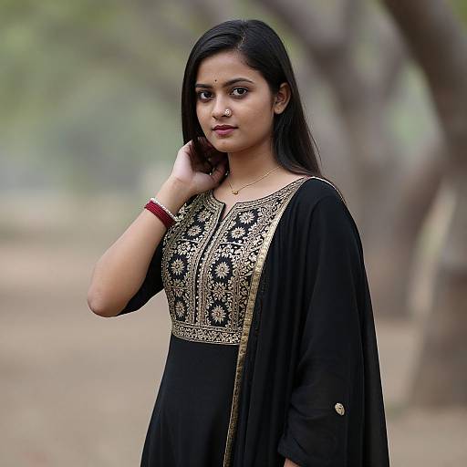 Photograph of a young South Asian woman with long black hair, wearing an ornate black and gold traditional dress, standing in a blurred outdoor forest setting