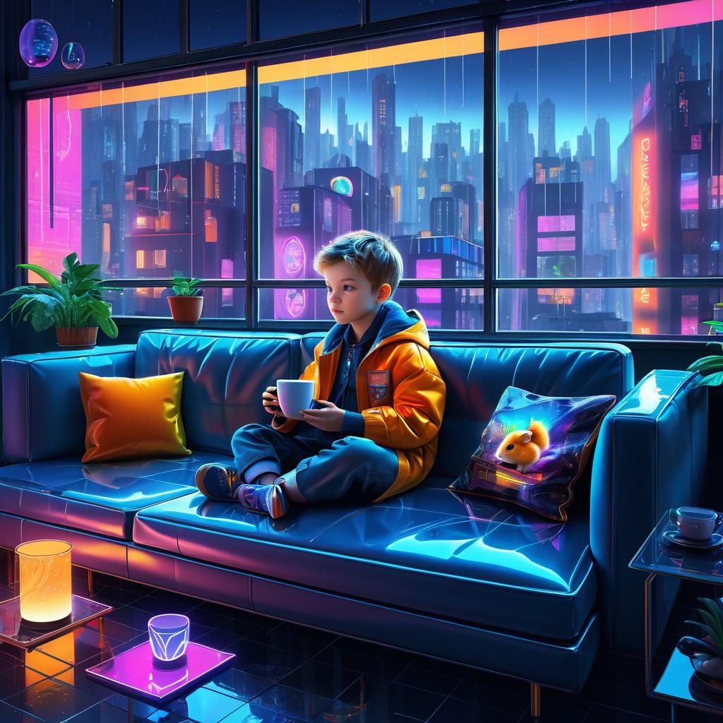 Cozy Cyberpunk Scene with Boy and Hamster