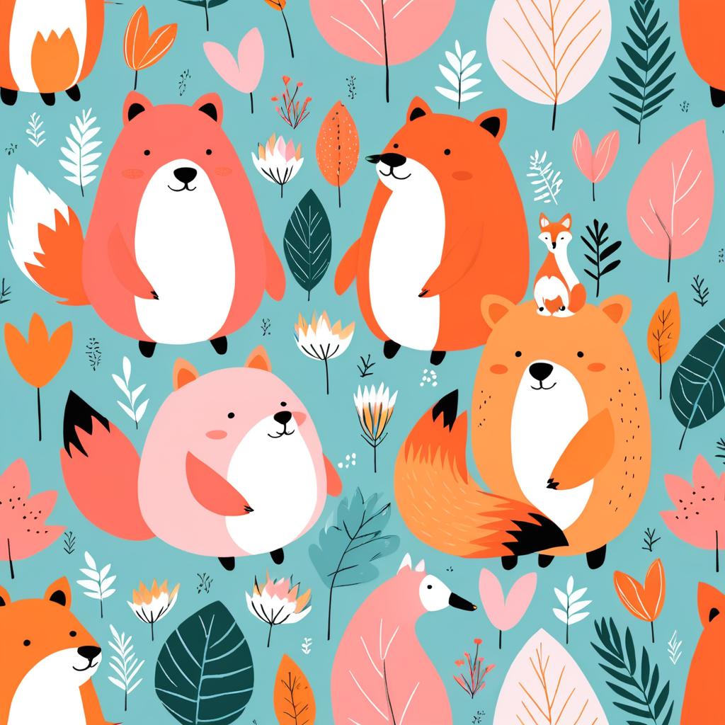 Whimsical Trio: Fox, Bear, and Flamingo