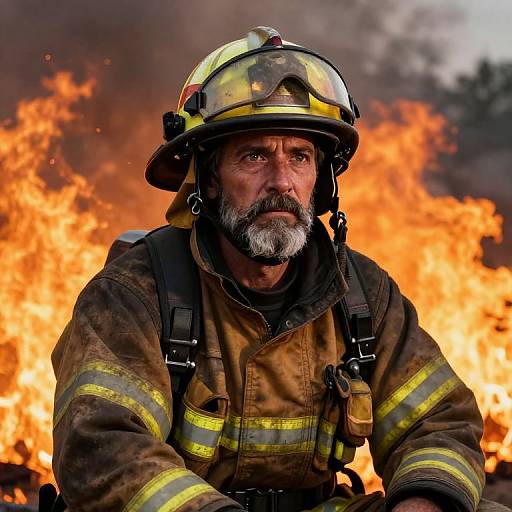 Photograph of a serious, bearded middle-aged male firefighter with a gray beard, wearing a yellow helmet and brown firefighting gear, standing in front