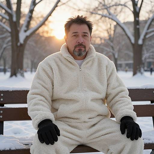 Middle-aged man with short dark hair and beard, wearing a white fleece suit and black gloves, sits on a snow-covered bench at sunset in a winter