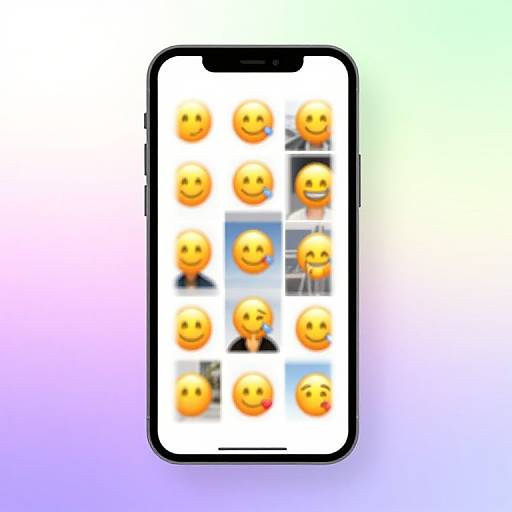 Photograph of a smartphone displaying a grid of 16 yellow smiley faces with five mixed images in the right column. Background is a gradient of past