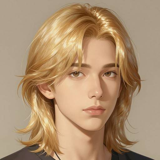 Digital portrait of a young woman with light blonde, shoulder-length, slightly wavy hair and fair skin, gazing softly at the camera. She has