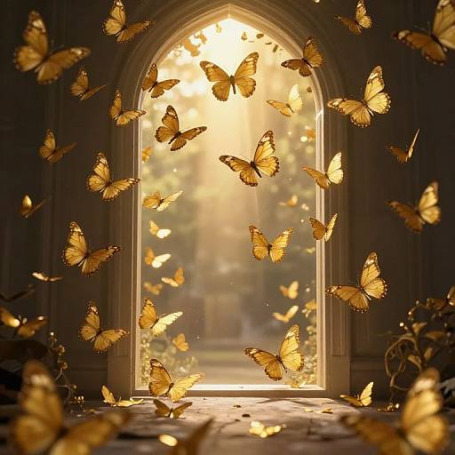 Photograph of golden butterflies flying through a sunlit, arched window, creating a magical, ethereal scene with warm, glowing light.