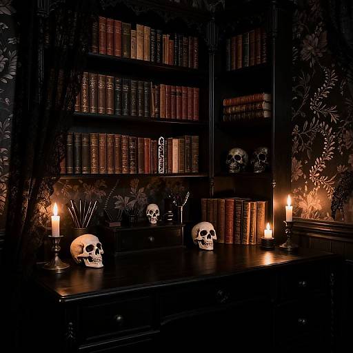Photograph of a dark, Gothic-style library with black shelves filled with red and brown books, three skull decorations, and four lit candles.