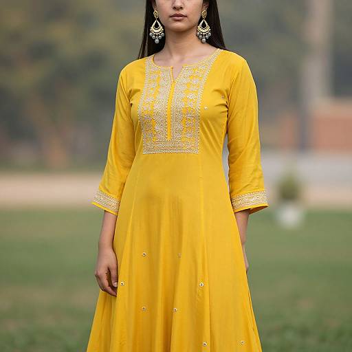 Photograph of an Asian woman with long black hair, wearing a bright yellow traditional Punjabi kameez with intricate silver embroidery, standing outdoors on a