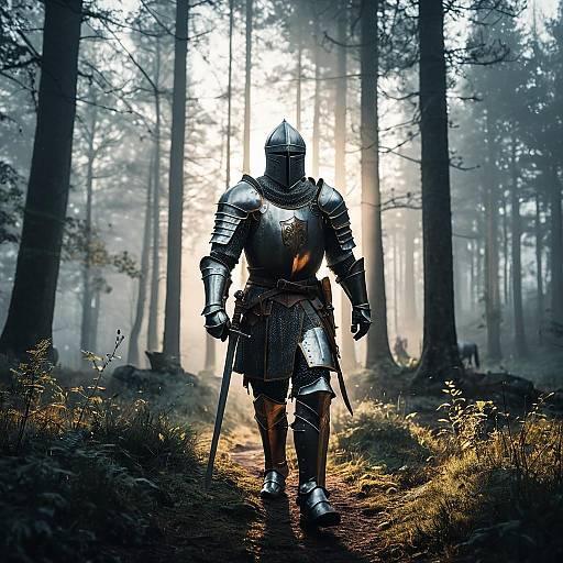 Medieval Knight in Armor Walking in Foggy Forest