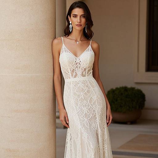 Photograph of a slender woman with dark hair, wearing a white lace, V-neck, floor-length dress, standing against a beige column.