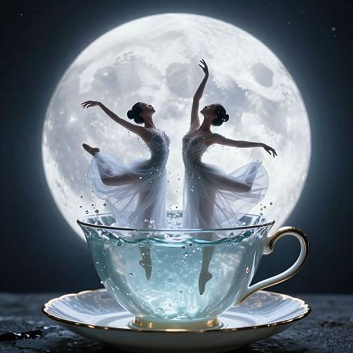 Photograph of two translucent ballerinas silhouetted in a glowing full moon, standing inside an illuminated, glass teacup with gold accents