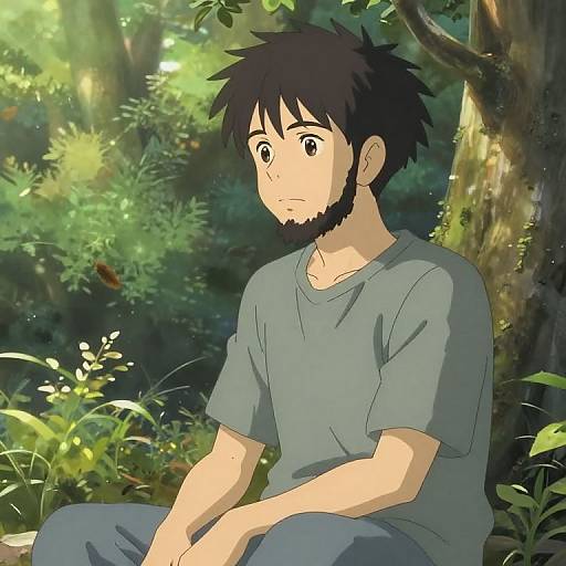 Anime-style drawing of a bearded man with black spiky hair, wearing a gray t-shirt and blue pants, sitting in a lush, sunlit