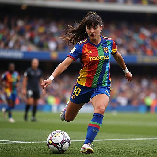 Photograph of a female soccer player in a vibrant, multicolored Valencia jersey, number 10, mid-action on a green field, with a