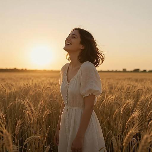 Photograph of a smiling woman with shoulder-length brown hair, wearing a white, sheer dress, standing in a golden wheat field at sunset.
