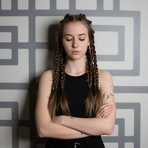 Photograph of a young white woman with long brown braids, black sleeveless top, arms crossed, closed eyes, standing against a geometric gray and
