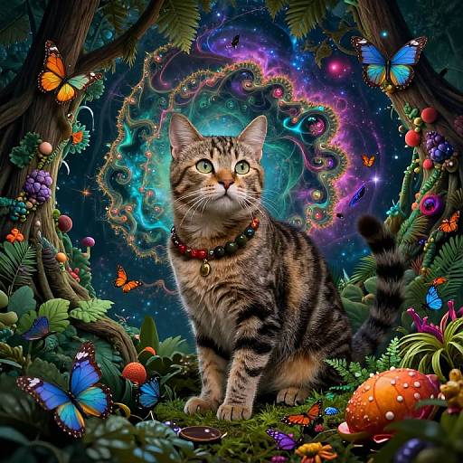 Digital artwork of a striped tabby cat with a red collar, surrounded by colorful butterflies, mushrooms, and a vibrant, magical forest backdrop.