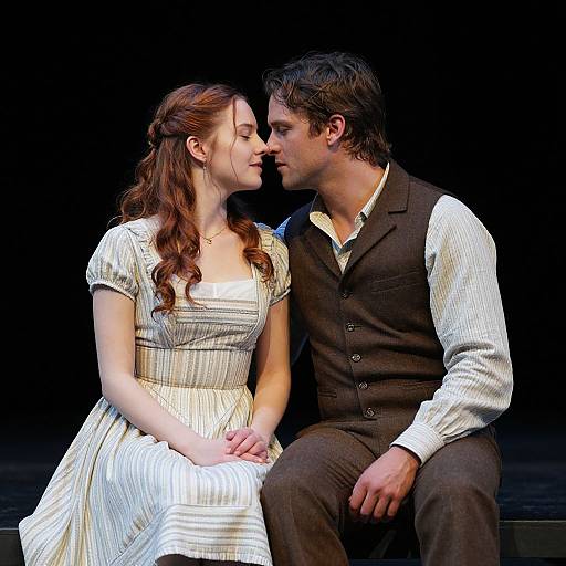Photograph of a couple seated on stage, facing each other, about to kiss. Woman in white striped dress, man in brown vest and white shirt
