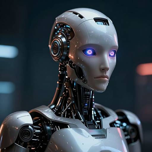 Photorealistic CGI of a silver robotic humanoid with glowing blue eyes, metallic joints, and sleek, glossy surfaces in a dark, futuristic background.