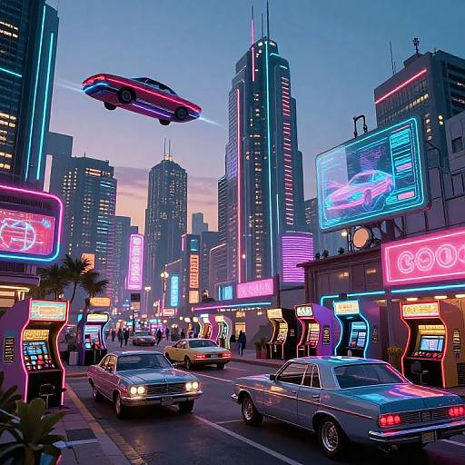 Neon-lit, futuristic city street at dusk with flying car, vintage cars, glowing billboards, and tall skyscrapers, capturing a vibrant