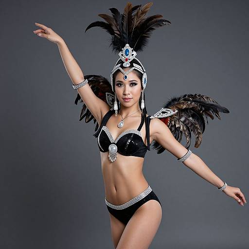 Photograph of an Asian woman in black feathered headdress and bikini, adorned with silver jewelry, posing against a gray background.