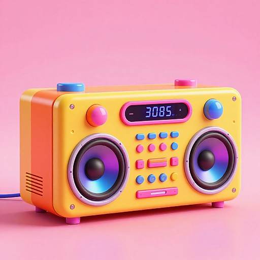 Bright yellow, retro-style digital radio with pink and blue buttons, large blue speakers, displaying 3:05 on a black screen, set against a