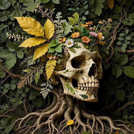 Photograph-style digital artwork of a human skull adorned with yellow leaves, orange and white flowers, and green foliage, rooted in dark, intertwined branches.