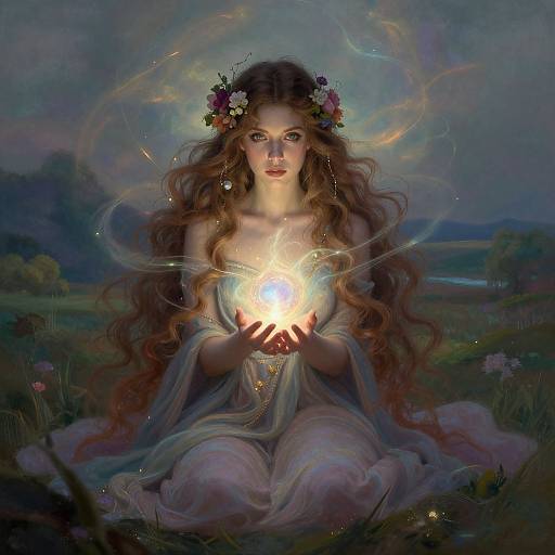 Digital fantasy artwork of a fair-skinned, ethereal woman with long, flowing brown hair, wearing a floral crown, holding a glowing orb, in