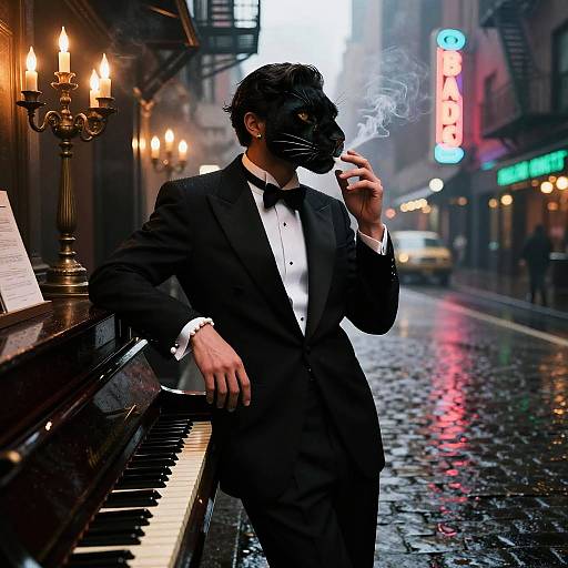 Photograph of a suave man in a black tuxedo, black mask, and holding a cigarette, standing by a piano on a wet,