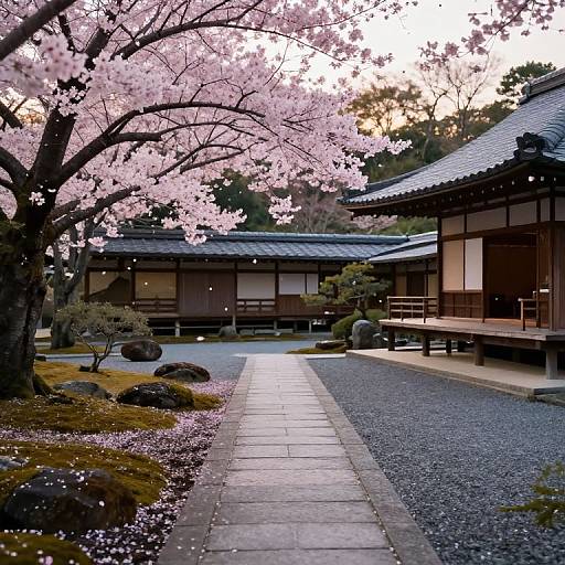 Photograph of a serene Japanese garden at sunset, with a cherry blossom tree in full bloom, traditional wooden buildings, gravel path, and moss-covered rocks
