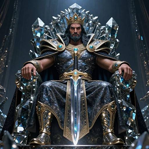 Digital artwork of a muscular, bearded king with dark hair, wearing a gold crown, black armor, and a crystal throne, holding a glowing sword