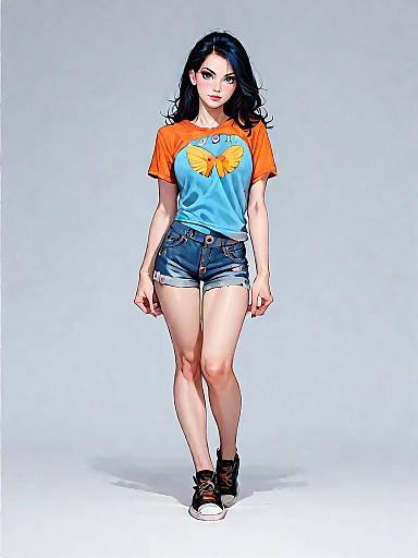 Casual Young Woman in Orange T-Shirt and Denim Shorts