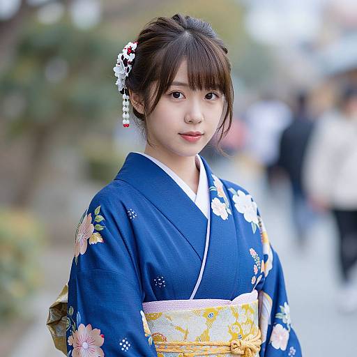 Photograph of a young Asian woman in a blue floral kimono with yellow obi, adorned with white hairpins, standing outdoors, blurred background of