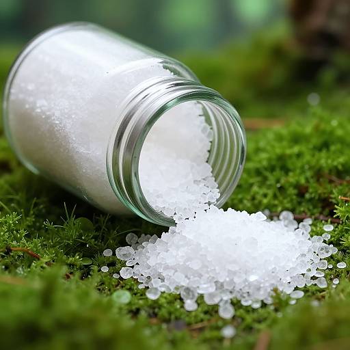 Photograph of an overturned glass jar spilling white crystals onto lush green moss, with a blurred forest background.
