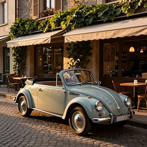 Photograph of a classic, light blue convertible Volkswagen Beetle parked on a cobblestone street in front of a charming European café with green vines and beige