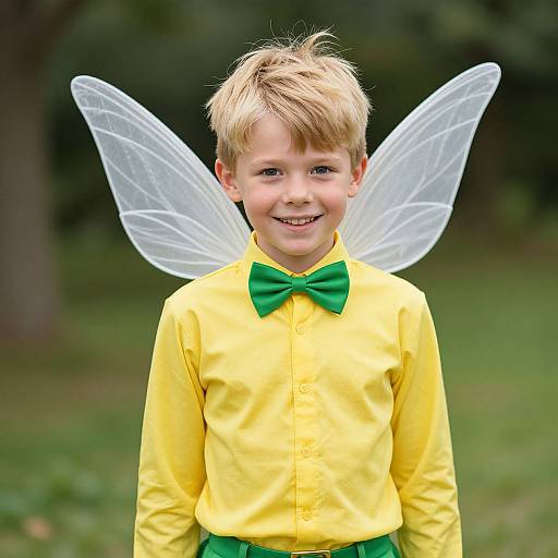 Photograph of a smiling blonde boy in a yellow fairy costume with green bow tie and translucent wings, standing outdoors.