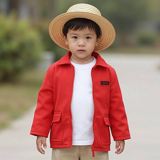 Photograph of a young Asian boy with black hair wearing a straw hat, red jacket, white shirt, beige pants, standing on a blurred outdoor path