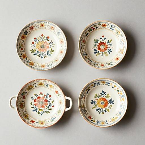 Photograph of four ornate, floral-patterned porcelain plates with gold rims, two with handles, arranged in a 2x2 grid on a