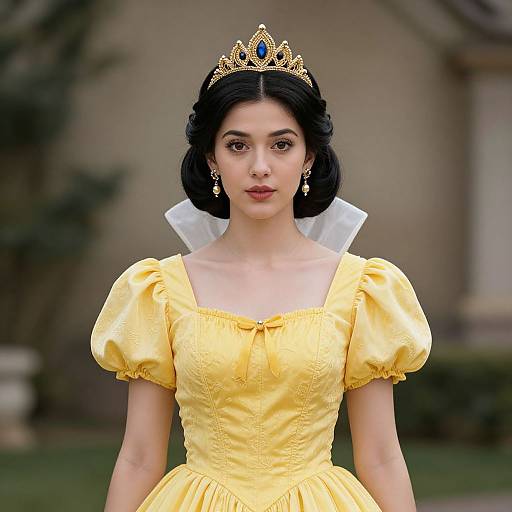 Photograph of a young woman with fair skin and dark hair, wearing a yellow princess dress, white collar, gold tiara, and earrings, standing