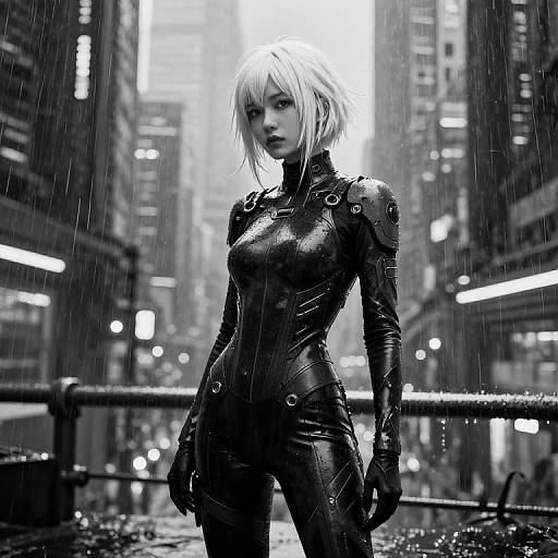 Monochrome Cyberpunk Girl in Rain