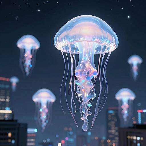Photograph of glowing blue and white jellyfish floating in a night sky over a city with illuminated buildings in the background.