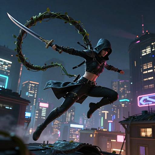 Digital art: Hooded ninja woman with vine sword mid-leap in neon-lit cyber city, dark outfit, midriff exposed, buildings glowing