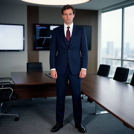 Photograph of a serious, light-skinned man with short brown hair in a black suit, white shirt, and red tie, standing in a modern