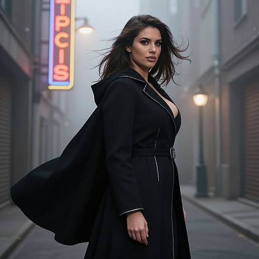 CGI image of a confident woman with long dark hair in a black coat with white trim, standing in a foggy, urban alley with a neon
