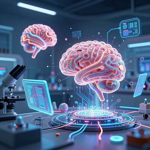 Digital CGI of glowing, neon-colored human brain floating above futuristic lab workstation with holographic screens and circuitry. Blue and pink lights illuminate the scene,