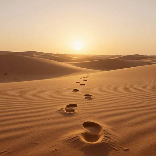 Photograph of a sunlit desert with rippled sand dunes, casting warm orange and yellow hues. Footprints trail from foreground to distant horizon,
