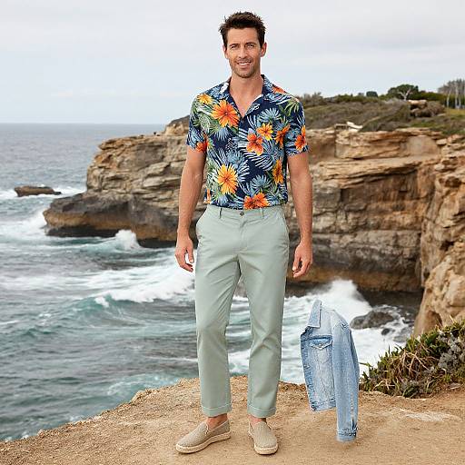 Photograph of a smiling man in a colorful floral shirt, light blue pants, beige shoes, holding a blue shirt, standing on a cliff overlooking a