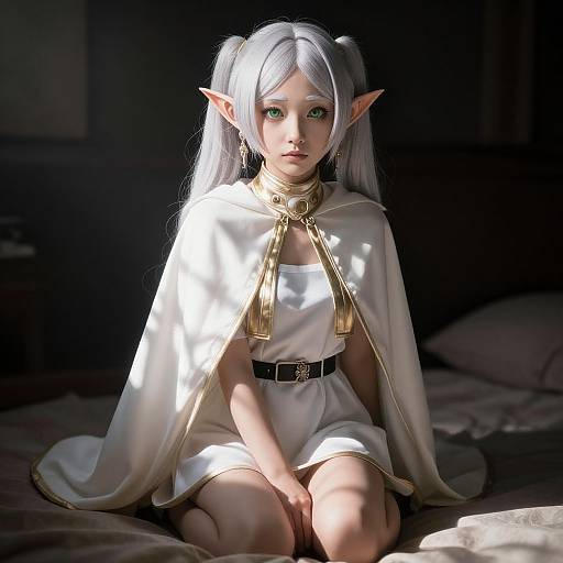 Digital art of a young, white-haired elf girl with green eyes, wearing a white dress, gold-trimmed cape, and black belt, sitting