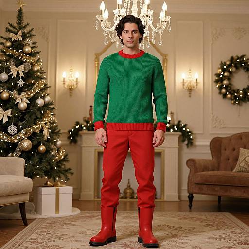 Photograph of a man with dark hair, wearing a green and red Christmas sweater, red pants, and red boots, standing in an elegant, festive