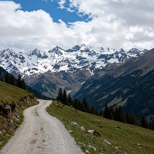 Photograph of a winding gravel path through a green grassy valley, leading to a range of snow-capped mountains under a partly cloudy blue sky.